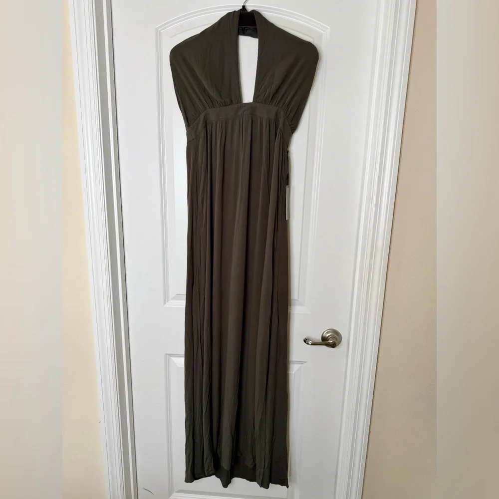 NWT Olive Green Halter Maxi Dress Open Back Pockets Side Slits Size L - Picture 2 of 12
